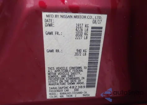 2017 Nissan Altima 2.5 Sr z USA, uszkodzony, nr VIN 1N4AL3AP5HC482389